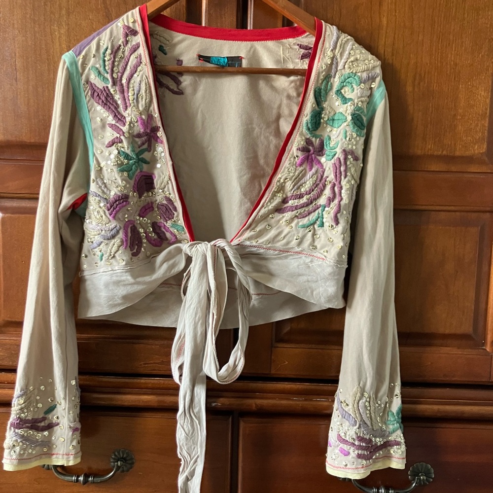 Cream Embellished Crop Blouse with Tie Front